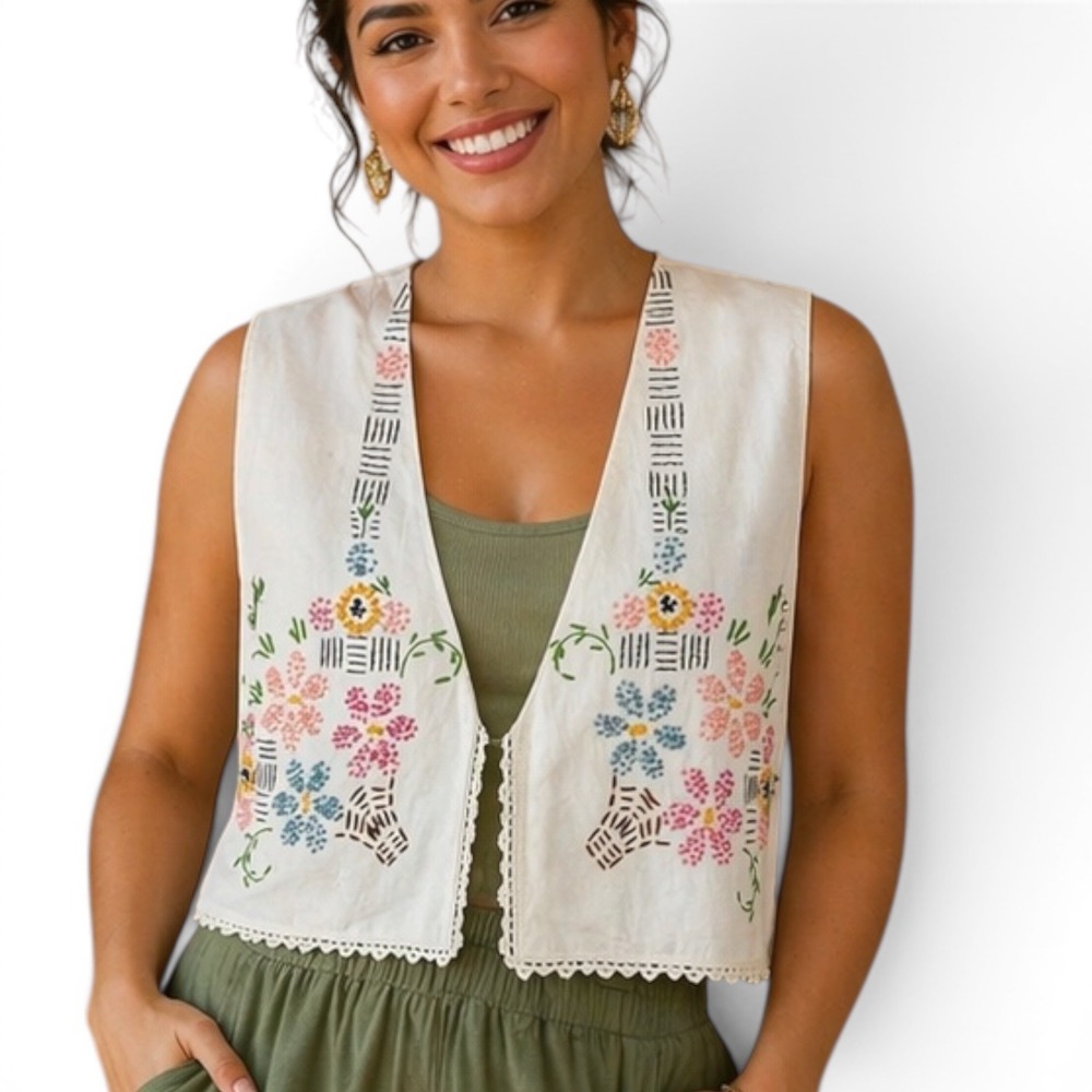 Vintage Embroidered Floral Vest White‎ Crochet Lace Trim Cropped Handmade Sz M